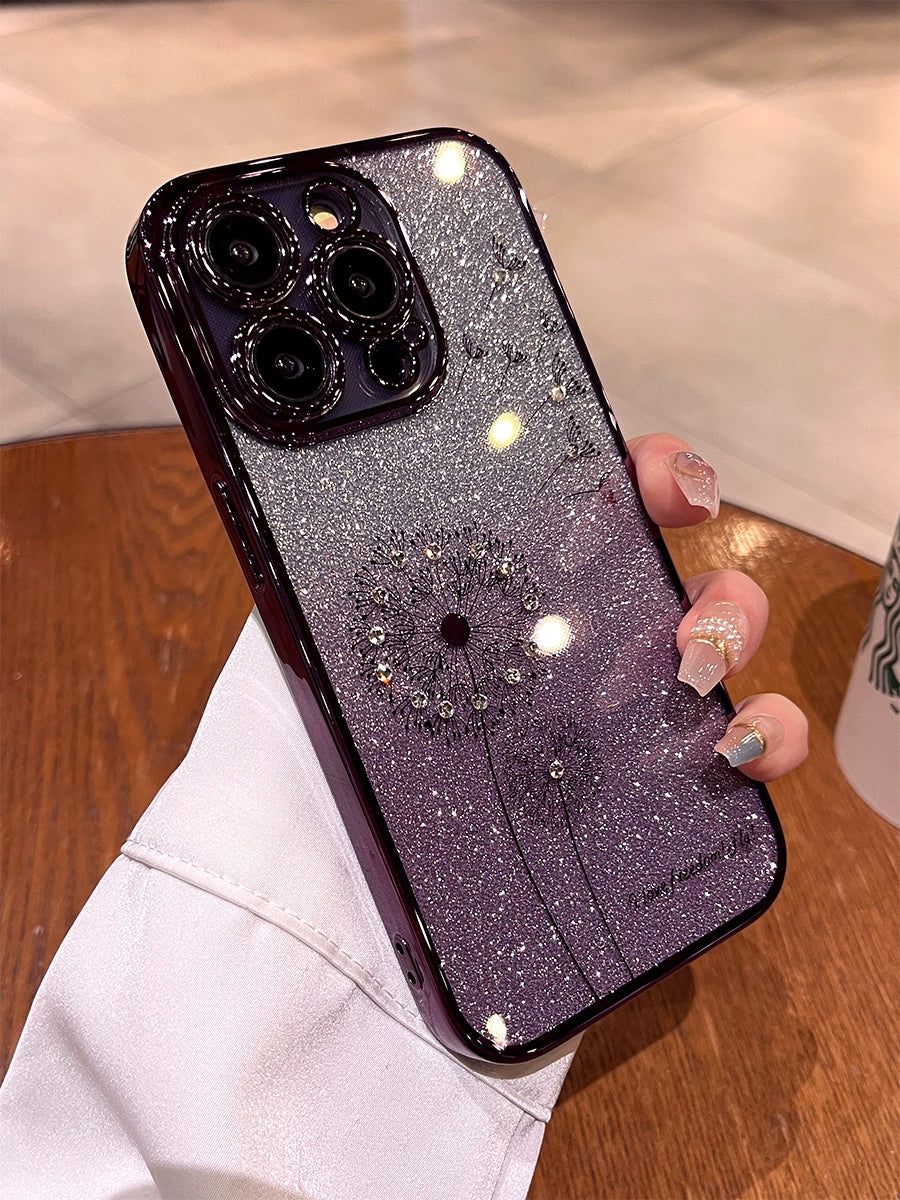 New Arrival Gradient Glitter Dandelion for Apple 15promax Phone Case 14pm Transparent 13 Silicone All-Inclusive Iphone12pro Fancy 11 Couple Women Plus Drop-Resistant 15 Soft Cover